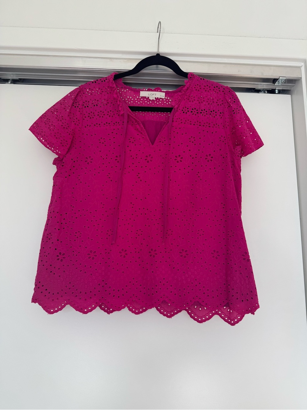 LOFT Fuchsia Eyelet Tie-Neck Short Sleeve Blouse